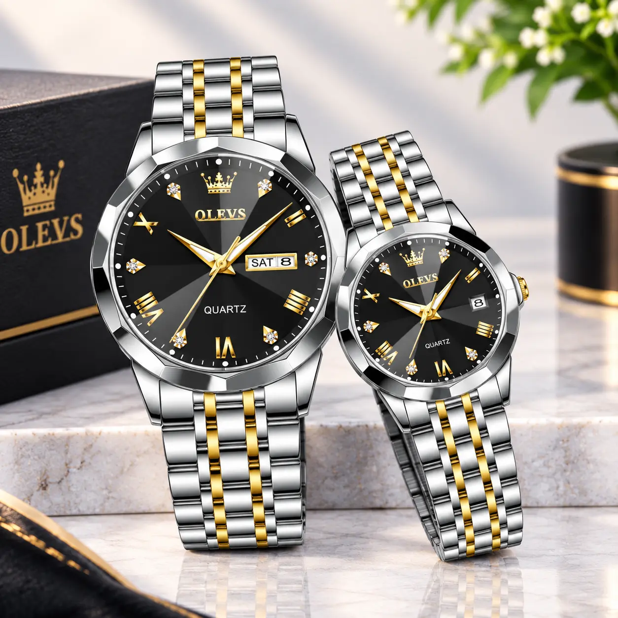 OLEVS 9931 Couple Watch Set - Silver Black Color