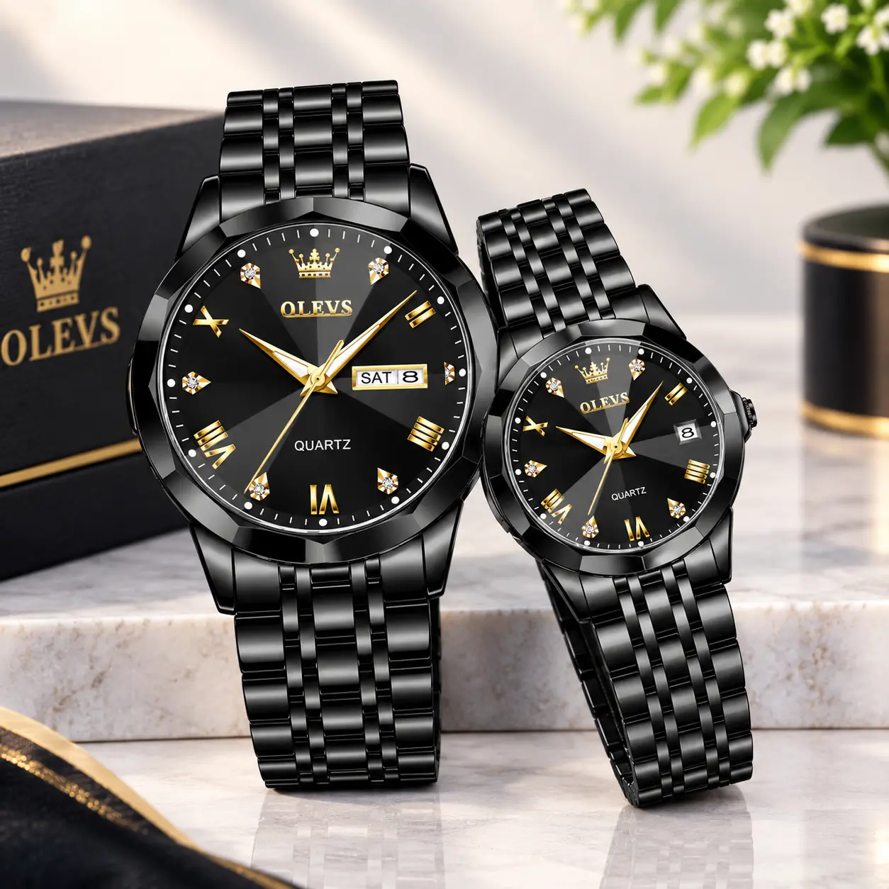 OLEVS 9931 Couple Watch Set - Full Black Color