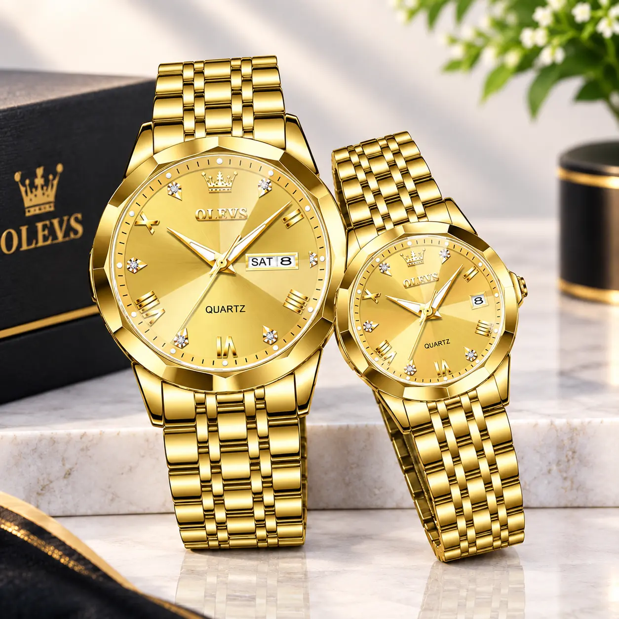 OLEVS 9931 Couple Watch Set - Full Gold Color